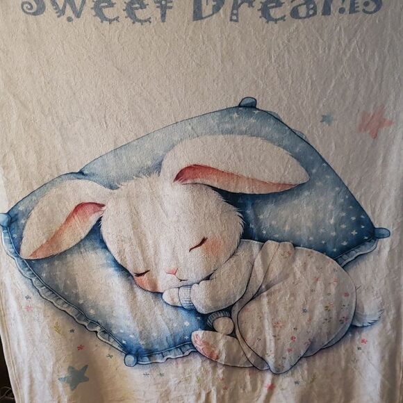 "Sweet Dreams" Bunny Lightweight Fleece Blanket - White and Blue - 50" x 60" - Picture 2 of 3